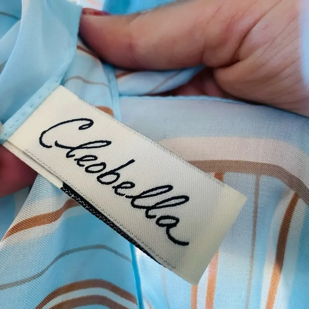 NEW CLEOBELLA REVOLVE Light Blue Brown Stripe Silky Scarf Hair Wrap Top Shirt